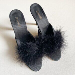 Vintage Fredric's Of Hollywood Black Satin Feather Accent Bedroom Heels 9